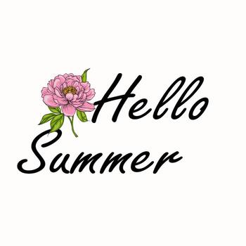 A decorative text design featuring the phrase Hello Summer with a pink peony flower illustration. The text is stylish and inviting, perfect for summer-themed graphics. vector