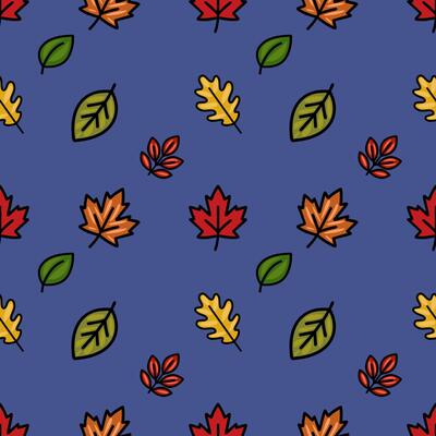 A charming seamless pattern featuring a delightful mix of autumn leaves in warm, vibrant colors against a sophisticated deep blue backdrop, perfect for fall-themed designs.