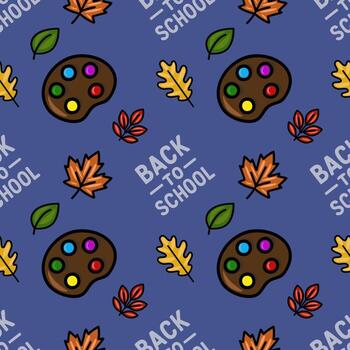 sin costura modelo presentando vibrante artista paletas, otoño hojas, y espalda a colegio texto, creando un alegre y educativo diseño Perfecto para otoño-temática proyectos vector