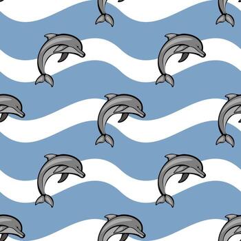 A playful pattern featuring dolphins swimming against a wavy blue background. The dolphins are illustrated in a cartoon style, creating a fun and lively ocean theme. vector