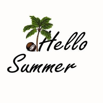 A tropical design featuring a palm tree and a coconut, with the text Hello Summer in an elegant script. The background is light, evoking a warm, sunny atmosphere. vector