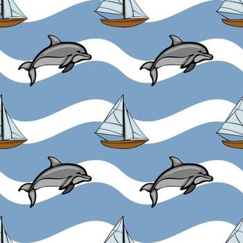 A playful pattern featuring dolphins swimming alongside sailboats on a wavy blue background. The design is cheerful and suitable for various nautical-themed projects. vector