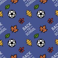 A vibrant seamless pattern celebrating Back to School, featuring autumn leaves, soccer balls, and a playful hand-drawn style on a deep blue background. vector