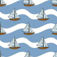 A seamless pattern featuring small sailboats on a wavy blue background. The boats have white sails and brown hulls, creating a nautical theme. vector