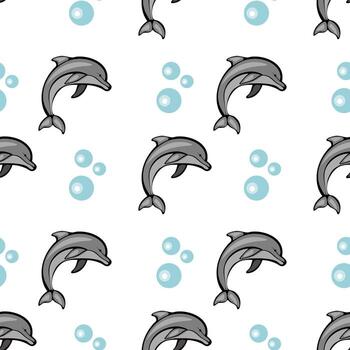 A playful pattern featuring cartoon dolphins and bubbles on a white background. The dolphins are gray with a simple, cheerful design, while the bubbles are light blue. vector