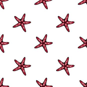 A seamless pattern featuring red starfish with white polka dots on a white background. The design is playful and vibrant, suitable for beach-themed decor or textiles. vector