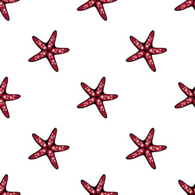 A seamless pattern featuring red starfish with white polka dots on a white background. The design is playful and vibrant, suitable for beach-themed decor or textiles.