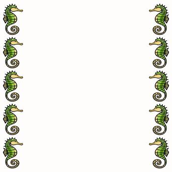 A decorative border featuring stylized green seahorses on a light background. The seahorses are arranged symmetrically along the edges, creating a whimsical and marine-themed frame. vector