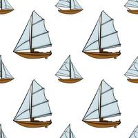A seamless pattern featuring various sailboats with white sails and brown hulls on a white background. The design is playful and nautical, suitable for fabric or wallpaper. vector