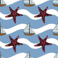 A whimsical pattern featuring red starfish and sailboats on a wavy blue background. The design evokes a coastal or nautical theme, perfect for summer decor or beach-related products. vector