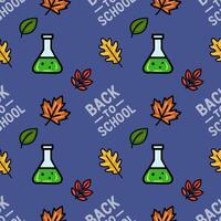 A charming seamless pattern featuring a playful mix of autumn leaves, science beakers, and the phrase Back to School, perfect for educational and seasonal designs. vector