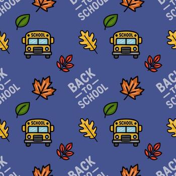 un encantador sin costura modelo presentando un colegio autobús, otoño hojas, y espalda a colegio texto, Perfecto para educativo proyectos y otoño-temática diseños vector
