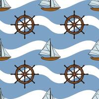 A nautical-themed pattern featuring sailboats and ship wheels on a wavy blue background. The design is playful and suitable for marine-related projects. vector