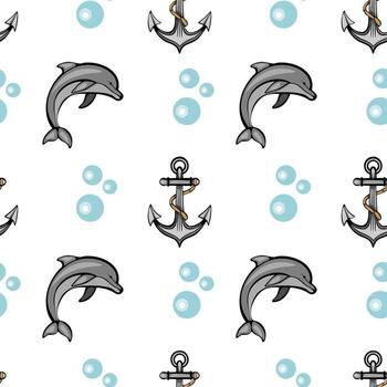 A seamless pattern featuring playful dolphins, nautical anchors, and bubbles on a white background. The design is whimsical and suitable for marine-themed projects. vector