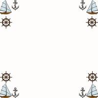 A decorative border featuring nautical elements such as sailboats, anchors, and ship wheels, set against a light background. vector