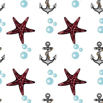 A seamless pattern featuring red starfish, nautical anchors, and blue bubbles on a white background. The design is playful and marine-themed, suitable for beach or ocean-related projects. vector