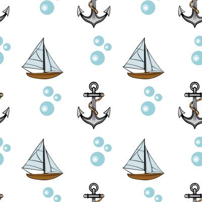 A seamless pattern featuring sailboats, anchors, and bubbles on a white background. The sailboats are illustrated with light blue sails and brown hulls, while the anchors with a rope.