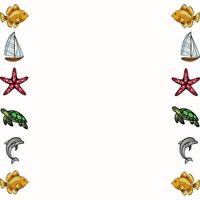 A decorative border featuring colorful marine life and sailing boats. Includes yellow fish, starfish, turtles, and dolphins, creating a playful underwater theme. vector