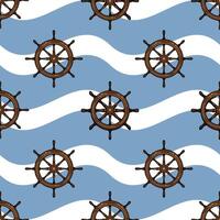 A repeating pattern featuring ship steering wheels on a blue and white wavy background, evoking a nautical theme. vector