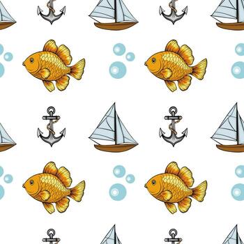 A whimsical pattern featuring goldfish, sailboats, and anchors, with bubbles scattered throughout. The design is playful and colorful, ideal for childrens decor or nautical themes. vector