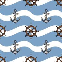 A nautical-themed pattern featuring ship wheels and anchors on a wavy blue and white background. The design is playful and suitable for marine-related projects. vector