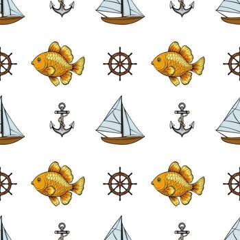 A seamless pattern featuring goldfish, sailboats, ship wheels, and anchors on a white background. The design is playful and nautical, ideal for marine-themed projects. vector