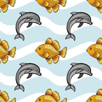 un juguetón modelo presentando estilo de dibujos animados delfines y pez de colores en un ligero azul ondulado antecedentes. el delfines son en gris y el pez de colores son brillante naranja, creando un alegre acuático tema. vector