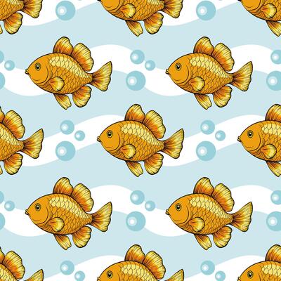 A vibrant seamless pattern featuring cartoon-style goldfish swimming against a light blue background. The fish are illustrated with detailed scales and bubbles, creating a playful aquatic theme.