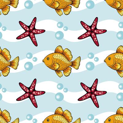 A vibrant underwater pattern featuring golden fish and red starfish against a light blue background with bubbles and wavy lines.