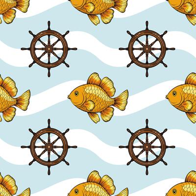 A vibrant pattern featuring golden fish and ship wheels on a light blue background with wavy white lines. The design is playful and nautical, perfect for marine-themed decor or textiles.