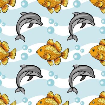sin costura modelo con delfines y pez de colores en un ligero azul antecedentes con burbujas vector