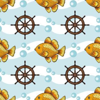 A playful pattern featuring golden fish and ship wheels on a light blue background, with bubbles and wavy lines, creating a whimsical nautical theme. vector