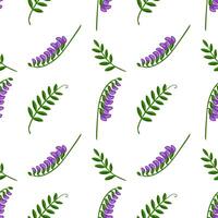Seamless pattern of stylized tufted vetch flowers and leaves, featuring a vibrant purple and green color palette on a white background, ideal for textile prints or surface design. vector