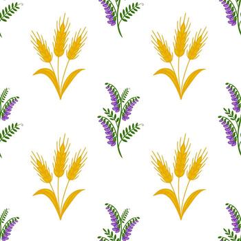 Seamless pattern featuring stylized golden wheat stalks and purple tufted vetch flowers on a white background, creating a rustic yet elegant design. vector