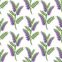 Seamless pattern of stylized tufted vetch flowers with vibrant purple blossoms and green foliage, creating a delicate and repeating floral design ideal for textile prints or spring-themed pr... vector