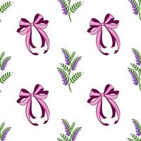 Seamless pattern featuring delicate purple tufted vetch blossoms and elegant pink bows on a crisp white background, creating a charming and sophisticated design. vector