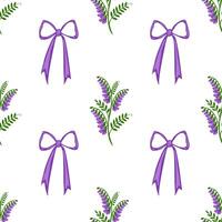 Seamless pattern featuring charming purple tufted vetch flowers and elegant bows, creating a delicate and romantic design ideal for various applications. vector