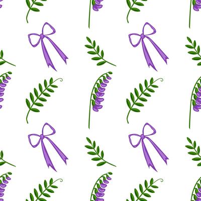 Seamless pattern with stylized tufted vetch flowers, green leaves, and purple bows on a white background, creating a charming and delicate floral design.