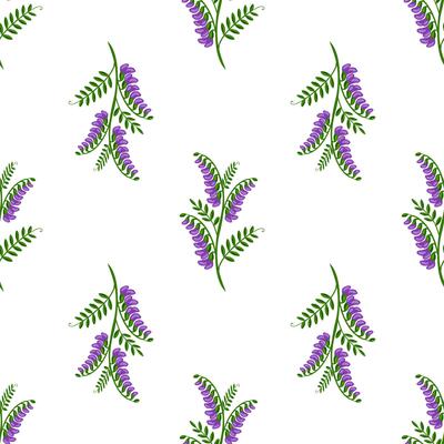 Seamless pattern of stylized tufted vetch flowers with vibrant purple blossoms and lush green foliage, arranged in a repeating design on a white background.