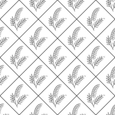 Seamless pattern with elegant line art illustration of tufted vetch flowers and leaves, arranged in a diamond grid on a white background.