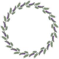 Elegant circular frame design featuring a delicate arrangement of purple tufted vetch flowers and green leaves, perfect for invitations, cards, or decorative elements. vector