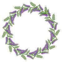 Elegant floral frame with a circular arrangement of stylized tufted vetch blossoms and leaves, perfect for invitations, cards, or decorative elements. vector