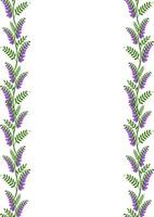 Elegant floral frame with two vertical lines of stylized purple tufted vetch flowers and green leaves on white background, perfect for invitations or cards. vector