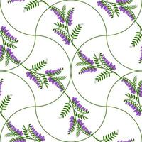 Seamless pattern of stylized tufted vetch flowers with curved green stems on a white background, creating a delicate and elegant floral design. vector