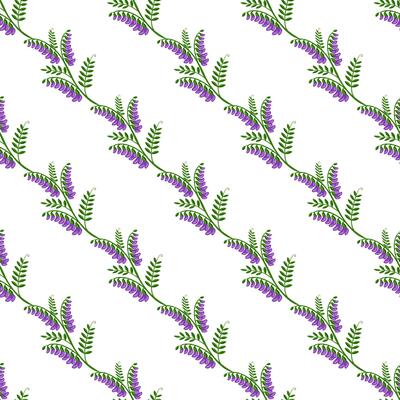Seamless pattern of stylized tufted vetch flowers with vibrant purple blossoms and green foliage, arranged in a diagonal repeating design, ideal for textile prints or spring-themed backgrounds.