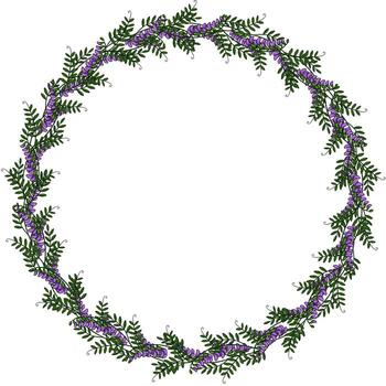 Elegant round frame design featuring a continuous pattern of hand drawn tufted vetch flowers and leaves, ideal for invitations or decorative elements. vector