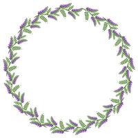 Elegant round frame with a continuous pattern of stylized purple tufted vetch flowers and green leaves, perfect for invitations or decorative design. vector