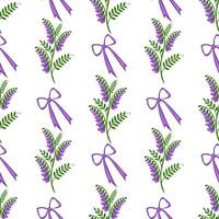 Seamless pattern featuring delicate purple tufted vetch blossoms and elegant bows, creating a charming and repetitive design ideal for various applications. vector