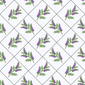 sin costura modelo de estilizado copetudo arveja flores en púrpura y verde, arreglado en un diamante cuadrícula en un ligero fondo, creando un delicado y elegante diseño. vector