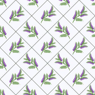 Seamless pattern of stylized tufted vetch flowers in purple and green, arranged in a diamond grid on a light background, creating a delicate and elegant design.